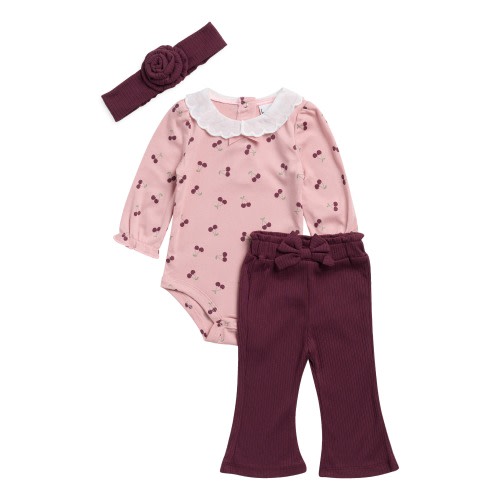 Cherry Print Collared Bodysuit, Flared Ribbed Pants & Headband Set