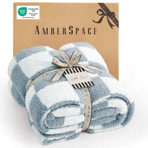Amberspace Checkered Knit Throw,Grey Blue Checkered,60"*80"