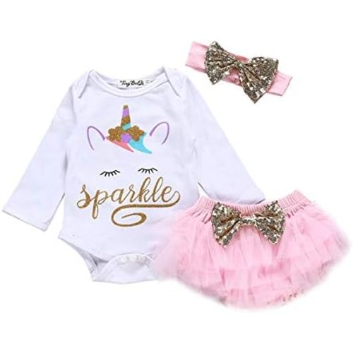 Baby Girl Unicorn Outfit Infant Sparkle 1st Birthday Romper+Tutu Princess Skirt Dress Bow Headband Skirt Sets
