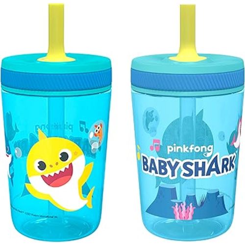 Zak Designs 15oz Baby Shark Kelso Tumbler Set, Leak-Proof Screw-On Lid with Straw Made of Durable Plastic and Silicone, Perfect Bundle for Kids (2pcs Set)