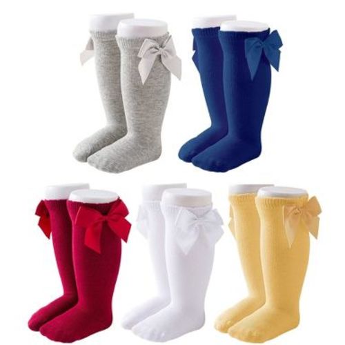Cozyway Baby & Toddler Knee High Bow Socks, 5 Pack for Girls, White/Blue/Yellow/Gray/Red, 9-18 Months Old