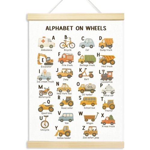 Voxitura Car Alphabet Poster Hanger Frame, Nursery Traffic Wall Decor Art Canvas for Playroom Kids Toddler Boy Room Classroom, Cute ABC Prints for Wall Hanging Decor Banner with Wooden Frames 12x16in