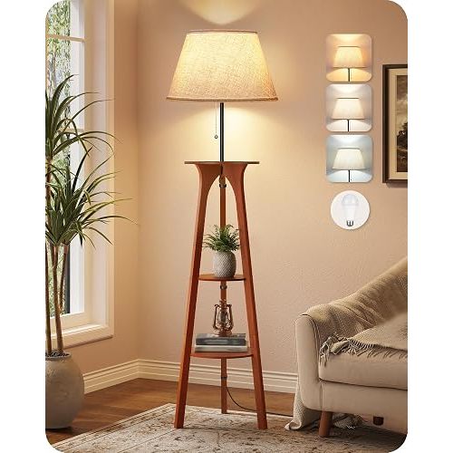 3 Tier Shelf Floor Lamps, Wood Tripod Floor Lamp, Linen Lampshade