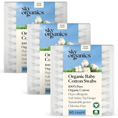Sky Organics - Organic Baby Cotton Swabs, 180 ct. - Ultra Soft Baby Safe Tips - Strong & Durable - Hypoallergenic - Chlorine Free - Natural, Vegan & Cruelty Free - Skin Care & Baby Care