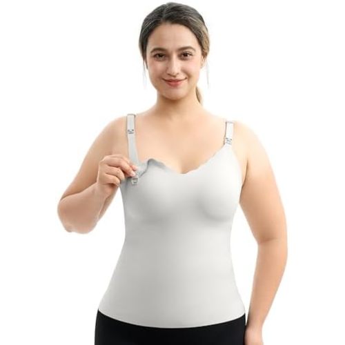 Momcozy Nursing Tank Tops for Breastfeeding, Seamless Nursing Cami with Built-in Bra, Adjustable Straps, Scalloped Design