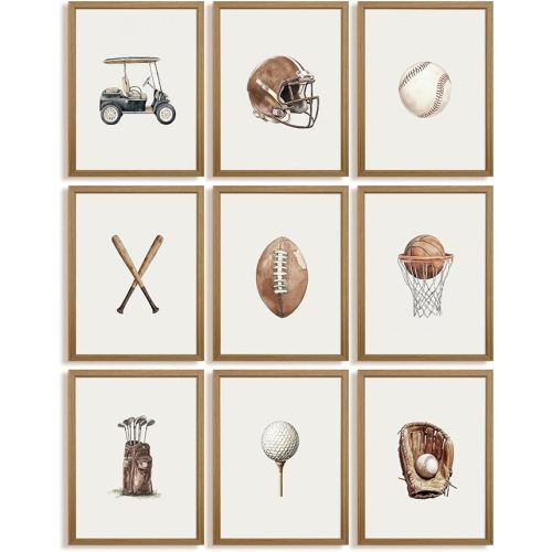 Vintage Sports Nursery Wall Art Decor Toddler Boys Room Canvas Pictures Sports Ball Wall Decor Football Baseball Prints Basketball Golf Artwork Kids Playroom Poster for Bedroom 8x10x9 Inch Wood Framed