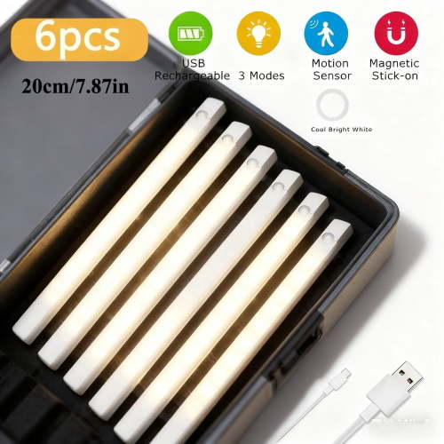 6-Pack 7.87'' Motion Sensor Under Cabinet Lights, USB Rechargeable 3-Color Stick-On Closet Lamps for Kitchen & Bedroom