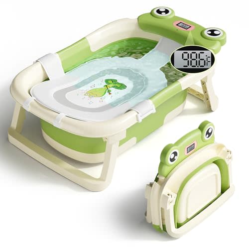 BUNWAG Baby Bathtub, Collapsible Newborn Bathtub for Infant to Toddler 0-24 Months with Soft Cushion and Thermometer,Portable Travel Newborn Tub with No-Slip Feet, Baby Shower Gifts,Green