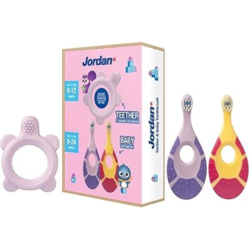Jordan ® | Step 0 Teether & Training Toothbrush | BPA-Free, Hygienic, 2-in-1 Teething & Early Brushing Solution for Babies | Pink | 1 Teether + 2 Step 1 Baby Toothbrush