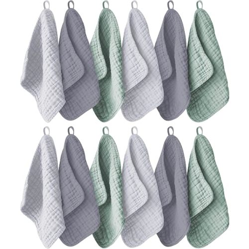 Ease Cubs 12 Pack Muslin Washcloths for Baby - 100% Cotton Baby Wash Cloths for or Baby Face Body Comfy and Soft for Newborn Infants Kids Girls and Boys - 12"x12" - Grey, Green and Slate