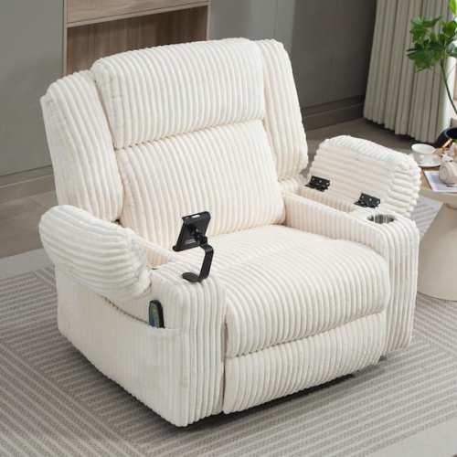 White Enhanced Dual-Motor Swivel Corduroy Recliner Rocking Chair with Massage and Heating, Headrest Adjustable