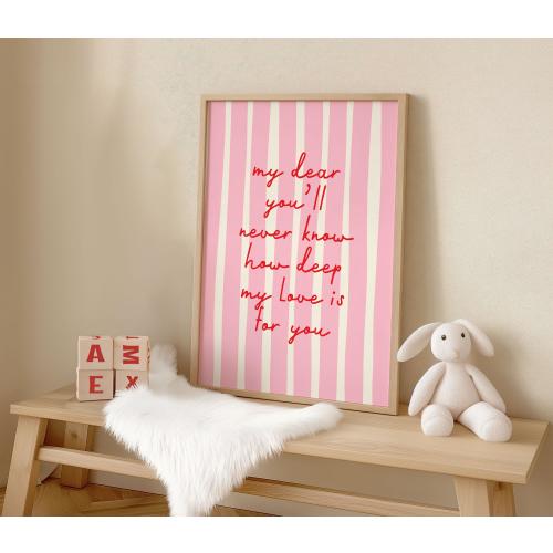 Heartfelt Love Quote Print for Kids' Room or Nursery, Cute Pink and Red Striped Baby Room Poster, Positive Wall Art, Playroom Decor