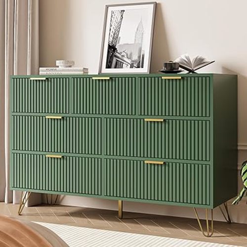 Green Dresser for Bedroom, 7 Drawer Dresser with Gold Pulls, Wide Chest of Drawers for Bedroom, Entryway, 47.2" L x 15.7" D x 31.4" H