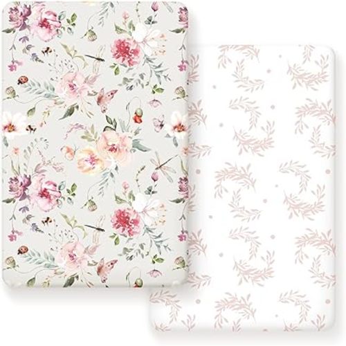 Fitted Pack n Play Sheets Set 2 Pack, Stretchy Ultra Soft Jersey Knit Portable/Mini Crib Sheets for Girls, Universal Fit for Pack N Plays Safe and Snug, Beautiful Flowers and Insects Pattern for Baby
