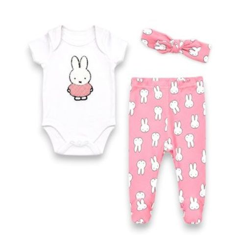 Miffy Baby Girls’ 3-Piece Soft Bodysuit, Footed Pants & Headband Layette Set, White/Pink-Bunnies, 3 Months