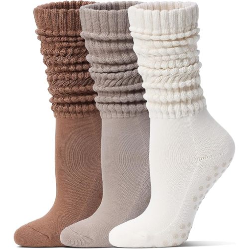 Pilates Socks with Grips for Women Long Slouch Non-Slip Yoga Barre Cushioned Workout Scrunch Socks 3 Pairs