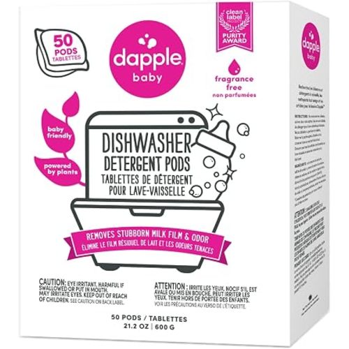 Dapple Baby Dishwasher Detergent Pods - 50 Count - Fragrance-Free, Hypoallergenic & Plant-Powered Dishwasher Pacs - Removes Milk Residue From Baby Bottles