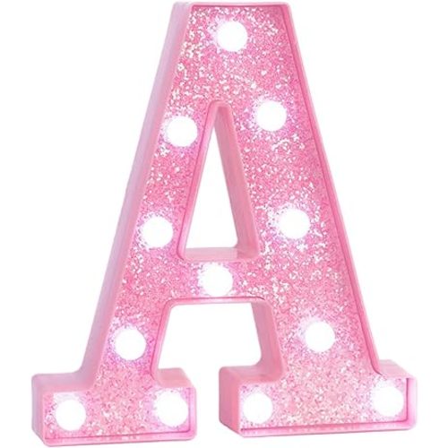 Pink LED Marquee Light Up Letters, Glitter Alphabet Letter Lights for Birthday Party Decorations, Battery Operated Letter Signs for Girls Room Table Decor, Pink letter A with Cool White Lights