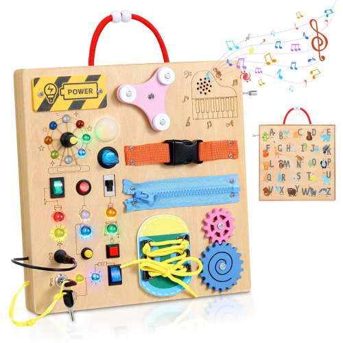 MoKo Busy Board Montessori Toys for 3+ Years Old Wooden Sensory Toys Board with LED Light Up Switch, Locks, Zippers, Music Boxes Learning Educational Fidget Toy
