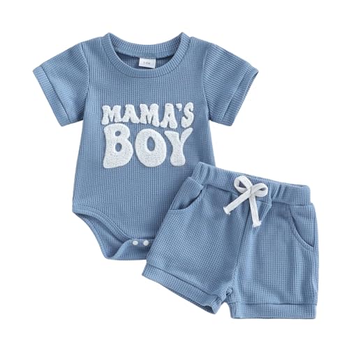 Amiblvowa Infant Baby Boys Waffle Outfit Letter Embroidery Short Sleeve Romper Jumpsuit Elastic Shorts Set Summer Clothes