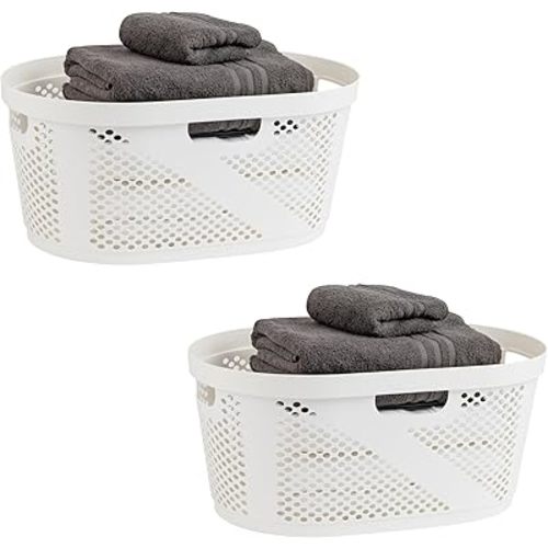 Mind Reader 40L Ventilated Laundry Baskets, Lightweight Clothes Hamper with Cutout Handles for Bathrooms and Closets, Plastic, Set of 2, White