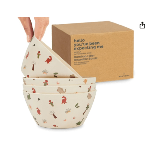 Nook Theory 4 Pack Bamboo Bowls - 22 Oz Reusable Bowl, Dishwasher Safe - Not Microwavable Bamboo Dishes (Dino)