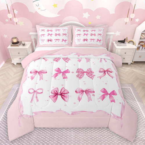 Feelyou Child Cartoon Bowknot Bedding Comforter Set, Cute Pink Bow-tie Twin Comforter Sets, Dreamy Princess Style Reversible Bedding Set, Super Cozy Room Decor, 2 Pieces