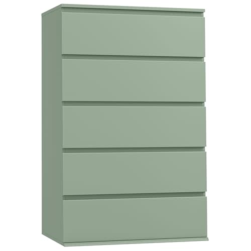 FOTOSOK 5 Drawer Dresser Tall Dresser with Large Storage Space, Modern Chest of Drawers, 23.6L x 17.6W x 39.1H Inch Storage Organizer Cabinet for Home, Green