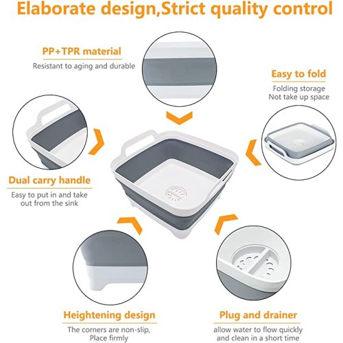 2.4 Gal(9L) Collapsible Dish Basin with Drain Plug, Space Saving Outdoor Multiuse Foldable Sink Tub, Dishpan, Kitchen Storage Tray for Camping, Vegetable Washing, RV (Gray)