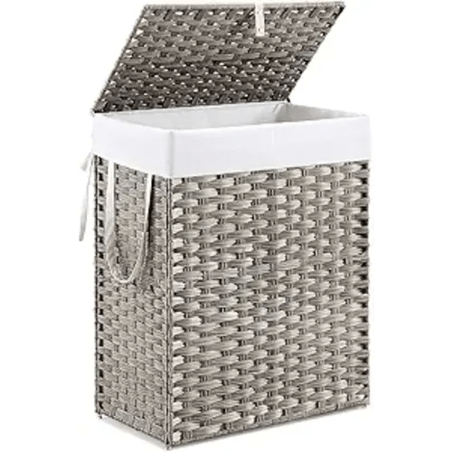 DUMOS Woven Laundry Basket with Lid, 90L Large Capacity Hamper, Removable & Machine-Washable Liner, Foldable Rattan Clothes Hamper, Sturdy Steel Frame, Odor Control, Dove Gray