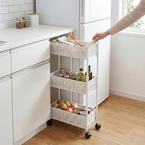 FOCHIER F Utility Slim Storage Cart,3-Tier Rolling Kitchen Office Laundry Room Cart,Mobile Shelving Unit Organizer for Living Room Bathroom Baby Diaper Narrow Places (White, UC-White-7.1inch)