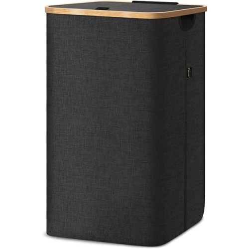 BALEINE Laundry Hamper with Lid, Tall Laundry Baskets with Bamboo Pull Handles, Large Laundry Bin with Internal Support (26Gal/100L, Carbon Black)