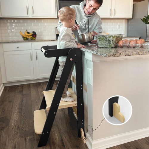 HARPPA Foldable Kitchen Step Stool for Kids, Adjustable Height Toddler Learning Tower, Black