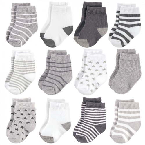 Hudson Baby Infant Unisex Cotton Rich Newborn and Terry Socks, Gray White Star, 0-6 Months