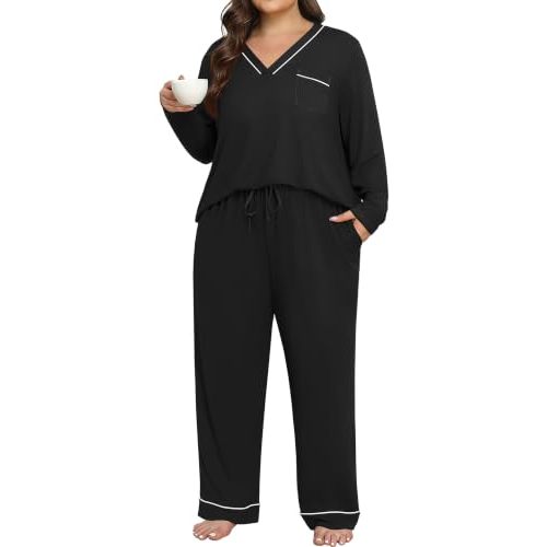 Lastshe Womens Plus Size Pajama Set Long Sleeve Pants V Neck Pjs Lounge Set | Cute 2 Piece Pjs,Piping Top Pants with Pockets,Soft Knit for Sleepwear,Maternity,Party,Sleepovers,Honeymoon Loungewear Set