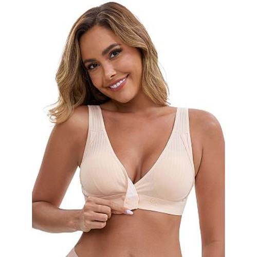 Women's Front Closure Wireless Postpartum Breastfeeding Lingerie V-Neck Push Up Ribbed Nursing Bras