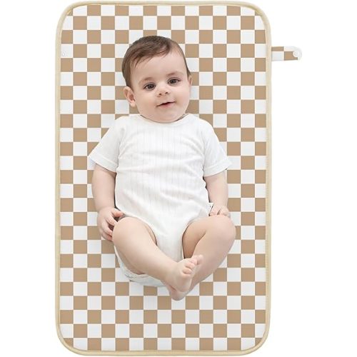 Portable Diaper Changing Pad for Baby Girl Boy, 27X15inch Waterproof Foldable Baby Changing Mat, Easy Wipe Clean Change Pad for Newborn Home and Travel Essential (Brown Grids)
