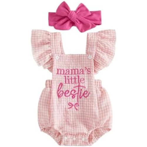 Baby Girl Mothers Day Outfit Ruffle Sleeveless Romper Plaid Onesie with Headband Infant Summer Clothes Jumpsuit
