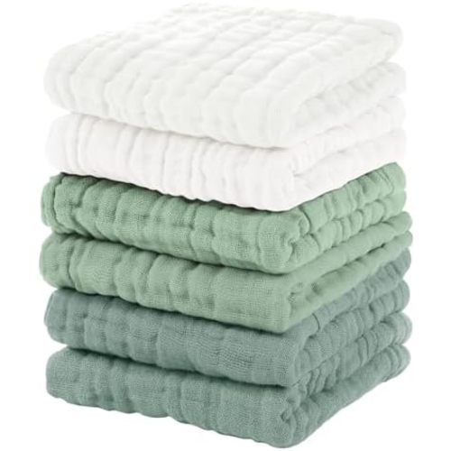 Unnivoll Muslin Burp Cloths Baby 12''X12'', Baby Washcloths 6 Pack, 100% Cotton Baby Wash Cloths Absorbent and Soft for Newborn Infants Kids Boys Girls - White Green