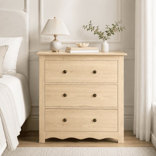 LAZZO 3-Drawer Dresser, 34" Tall Wood Chest of Drawers with Metal Handles for Bedroom and Living Room, Natural Wood