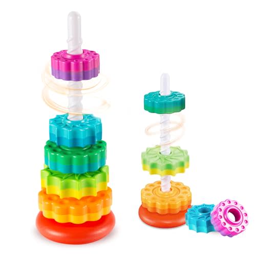 Baby Spinning Stacking Toys Sensory Toys for Toddlers 1-3, Rainbow Ring Spin Montessori Toys for Babies 6-12 Months, Autism Learning Toy for 1 2 3 One Year Old Girl Boy Christmas Birthday Gifts