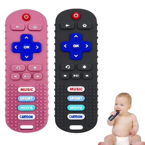SOLIFEGOBLE 2 Pack Baby Teether Toys,Silicone Remote Teether for Babies,Baby TV Remote Toys,Infant Chew Toys for Babies Chew Toys (Black + Pink)