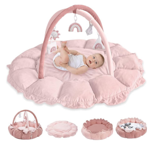 HAN-MM 5-in-1 Convertible Baby Play Gym with 6 Toys, Tummy Time Mat for Sensory Development, Baby Activity Center from Newborn to Toddler, Ball Pit, Cat & Dog Bed, Soft Plush Pet Bed, Pink