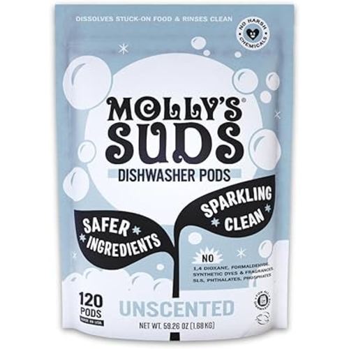 Molly's Suds Dishwasher Pods | Natural Dishwasher Detergent, Cuts Grease & Rinses Clean (Residue-Free) for Sparkling Dishes | 120 Auto-Release Tabs (Unscented)