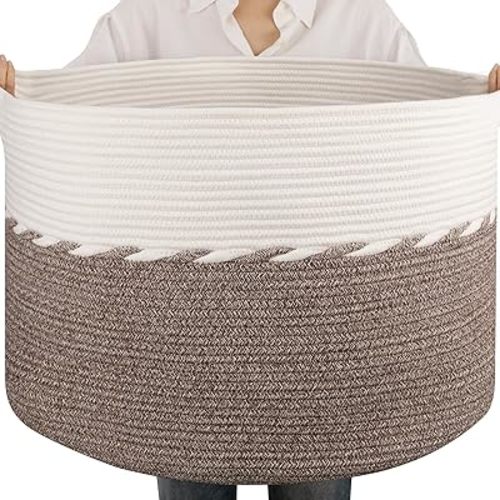 OIAHOMY 105L Extra Large Blanket Basket - Decorative Cotton Rope Storage Basket for Bedroom, Living Room & Nursery - Woven Laundry Hamper for Organizing Blankets, Clothes & Toys - Brown & White