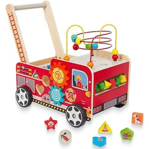 Wooden Baby Walker with Bead Maze for 1 Year Old and up, Wood Push Toy for 12 Month, Toddle Cart with Blocks