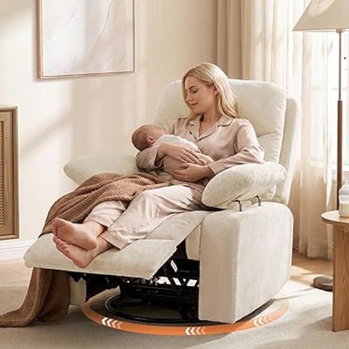 FiveWillowise Rocking Chair Nursery with Adjustable Armrests, 360° Swivel Rocker Recliner for Moms, Manual Gilder Rocker Nursing Chair with Wide Foot Rest for Living Room, Bedroom, Beige