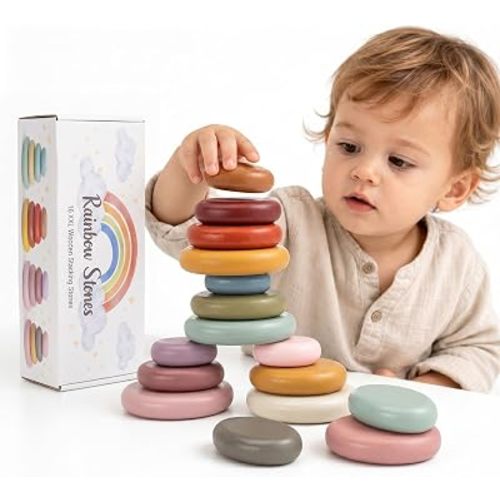 Rainbow Stones Wooden Stacking Rocks for kids 2-4, 16 PCS Montessori Waldorf Toys for 3 4 5 6 Year Old, Balancing Stones, Stacking Building Blocks, Sensory STEM Gift for Boys Girls Kids