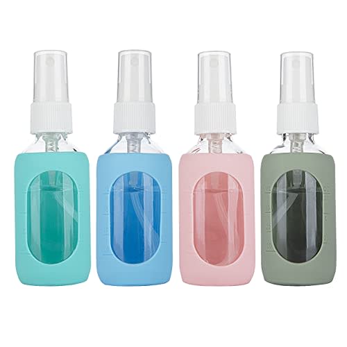 HOMBYS Empty Clear Glass 2oz Small Spray Bottles with Silicone Sleeve Protection - Refillable Containers for Travel, Cleaning Solutions, Essential Oils, Sanitizers - Fine Mist Spray - 4 Pack-Clear