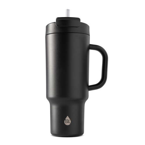TAL Stainless Steel Tumbler, 40 fl oz, Black, Insulated, Double Wall, Handle, Lid, Straw